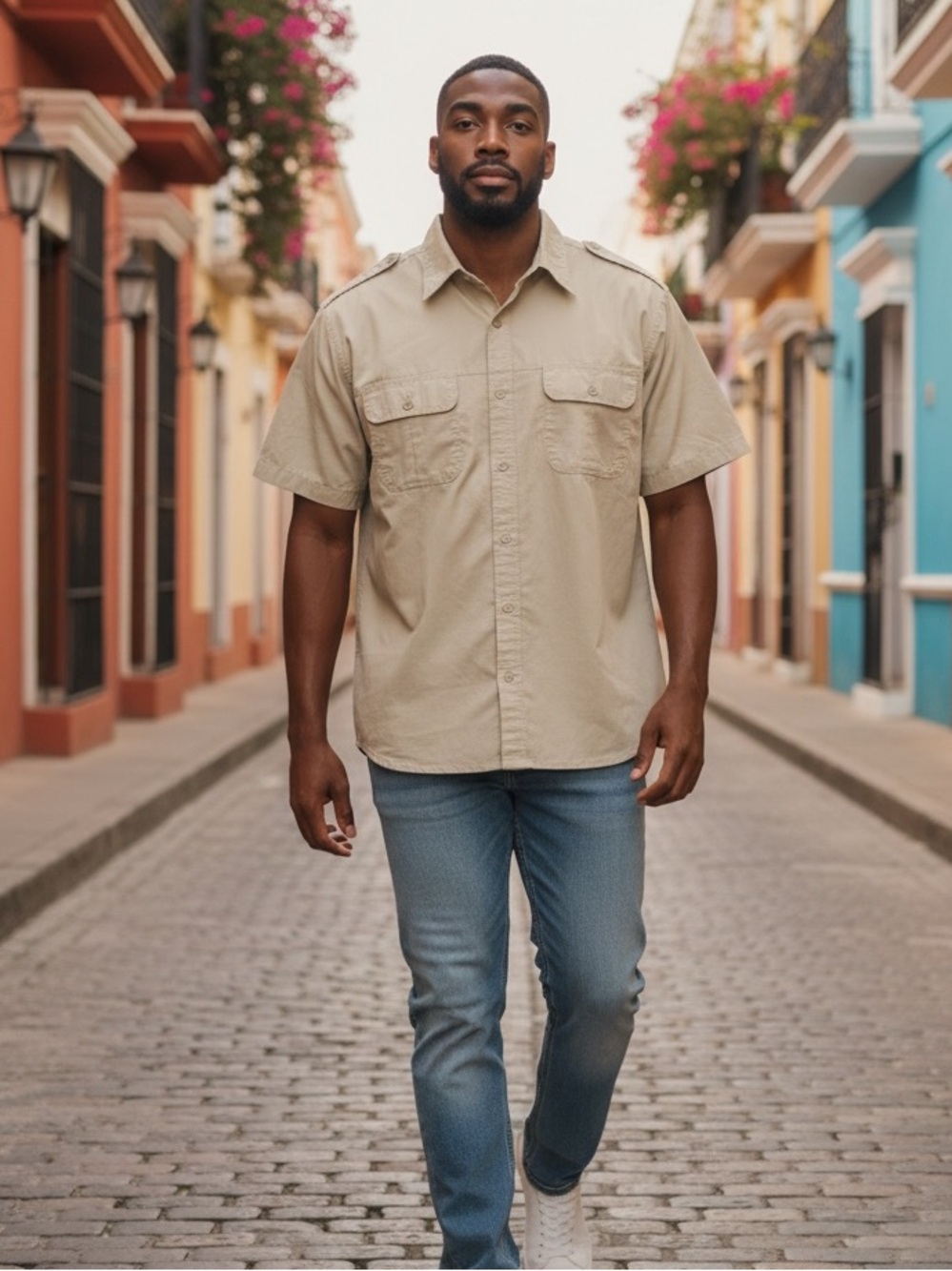 Men’s Khaki Short-Sleeve Utility Shirt Sixe 2XL